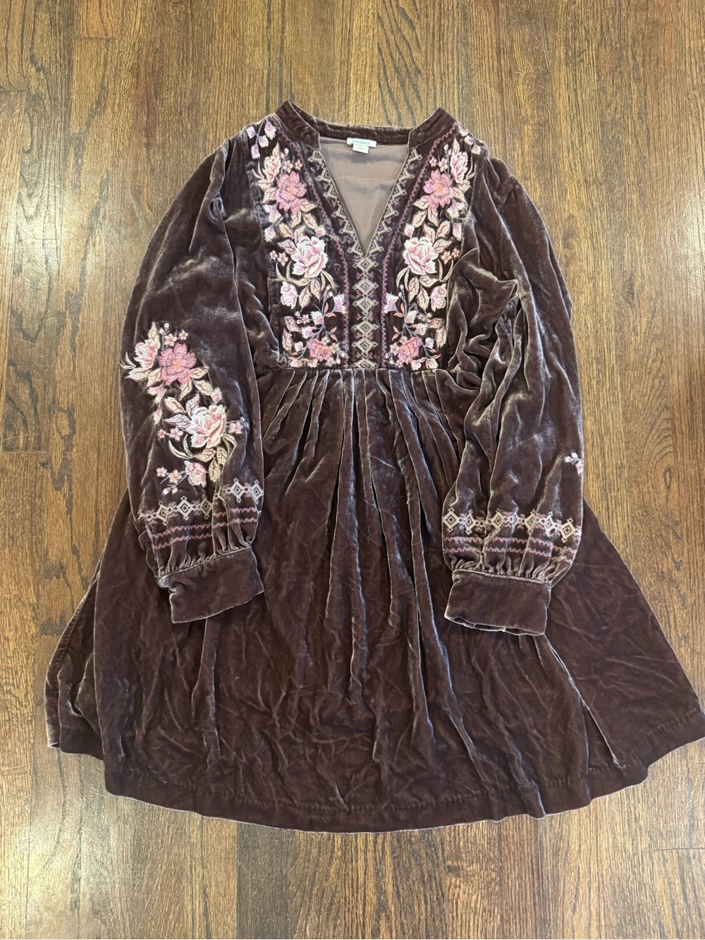 Sundance Velvet Embroidered Floral Babydoll Dress - Brown with Pink Flowers